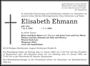Todesanzeige von Elisabeth Ehmann von OFFENBACH-POST/HANAU-POST