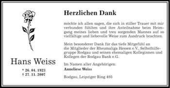 Todesanzeige von Hans Weiss von OFFENBACH-POST/HANAU-POST