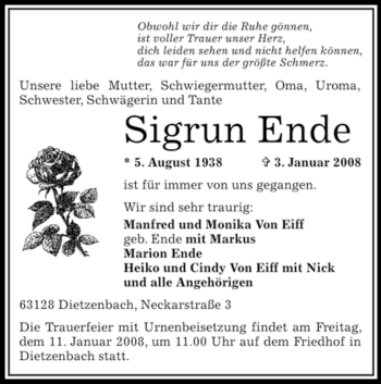 Todesanzeige von Sigrun Ende von OFFENBACH-POST/HANAU-POST