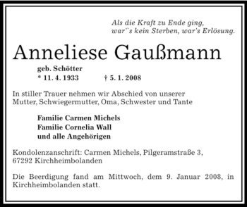 Todesanzeige von Anneliese Gaußmann von OFFENBACH-POST/HANAU-POST