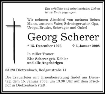 Todesanzeige von Georg Scherer von OFFENBACH-POST/HANAU-POST