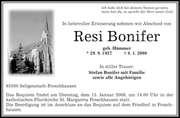 Todesanzeige von Therese Bonifer von OFFENBACH-POST/HANAU-POST