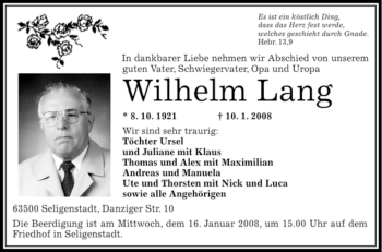 Todesanzeige von Wilhelm Lang von OFFENBACH-POST/HANAU-POST