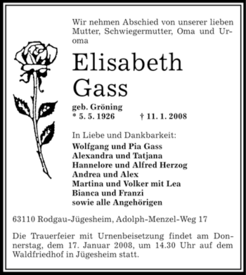 Todesanzeige von Elisabeth Gass von OFFENBACH-POST/HANAU-POST