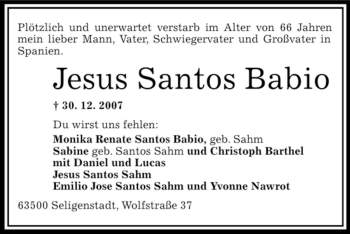 Todesanzeige von Jesus Santos Babio von OFFENBACH-POST/HANAU-POST