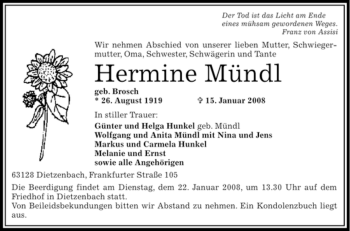 Todesanzeige von Hermine Mündl von OFFENBACH-POST/HANAU-POST