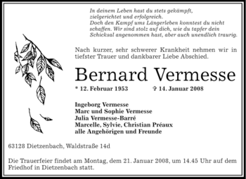 Todesanzeige von Bernard Vermesse von OFFENBACH-POST/HANAU-POST