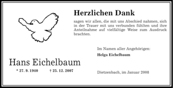 Todesanzeige von Hans Eichelbaum von OFFENBACH-POST/HANAU-POST