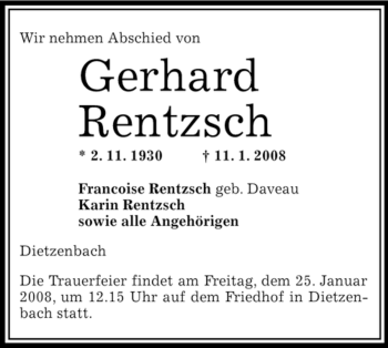Todesanzeige von Gerhard Rentzsch von OFFENBACH-POST/HANAU-POST