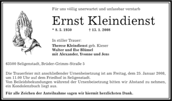 Todesanzeige von Ernst Kleindienst von OFFENBACH-POST/HANAU-POST