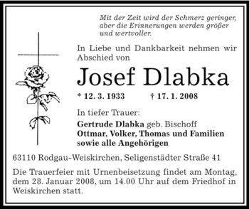 Todesanzeige von Josef Dlabka von OFFENBACH-POST/HANAU-POST