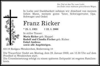 Todesanzeige von Franz Ricker von OFFENBACH-POST/HANAU-POST