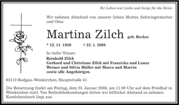 Todesanzeige von Martina Zilch von OFFENBACH-POST/HANAU-POST