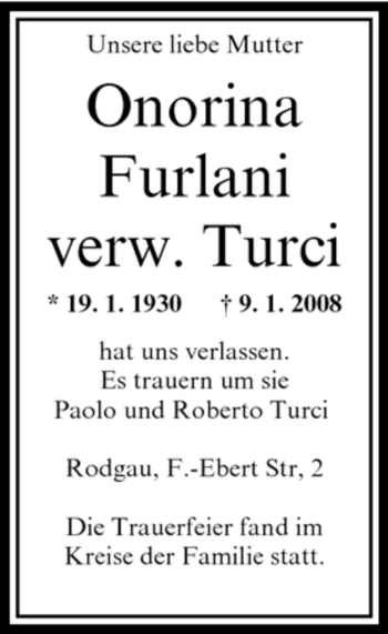 Todesanzeige von Onorina Furlani von OFFENBACH-POST/HANAU-POST