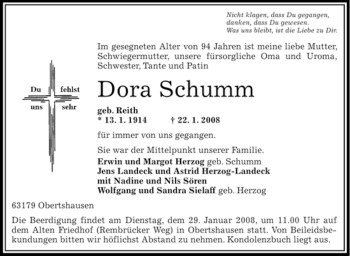 Todesanzeige von Dora Schumm von OFFENBACH-POST/HANAU-POST