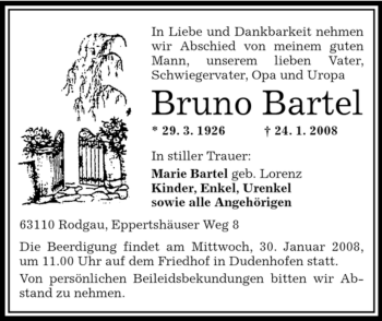 Todesanzeige von Bruno Bartel von OFFENBACH-POST/HANAU-POST