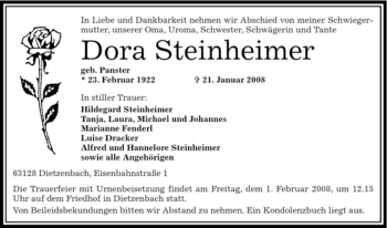 Todesanzeige von Dora Steinheimer von OFFENBACH-POST/HANAU-POST