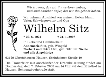 Todesanzeige von Wilhelm Sitz von OFFENBACH-POST/HANAU-POST
