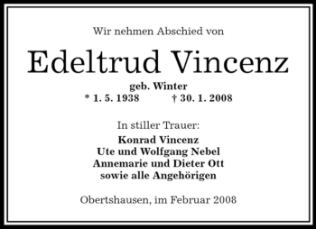 Todesanzeige von Edeltrud Vincenz von OFFENBACH-POST/HANAU-POST