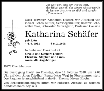 Todesanzeige von Katharina Schäfer von OFFENBACH-POST/HANAU-POST