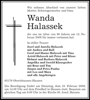 Todesanzeige von Wanda Halassek von OFFENBACH-POST/HANAU-POST
