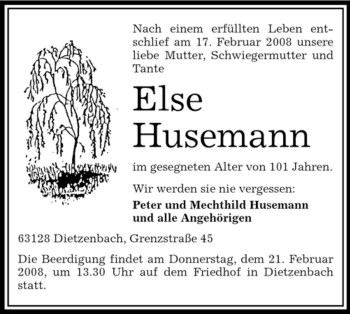 Todesanzeige von Else Husemann von OFFENBACH-POST/HANAU-POST