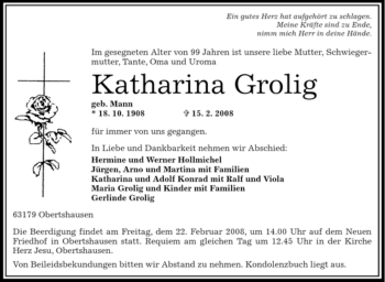 Todesanzeige von Katharina Grolig von OFFENBACH-POST/HANAU-POST