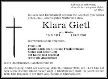 Todesanzeige von Klara Gietl von OFFENBACH-POST/HANAU-POST