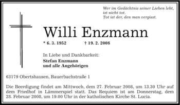 Todesanzeige von Willi Enzmann von OFFENBACH-POST/HANAU-POST