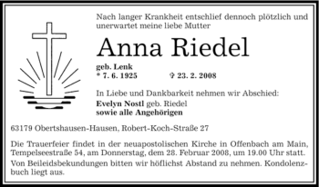 Todesanzeige von Anna Riedel von OFFENBACH-POST/HANAU-POST