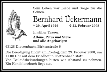 Todesanzeige von Bernhard Ückermann von OFFENBACH-POST/HANAU-POST