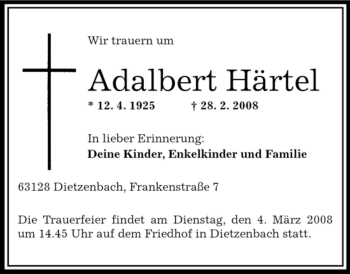 Todesanzeige von Adalbert Härtel von OFFENBACH-POST/HANAU-POST
