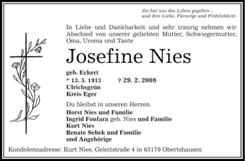 Todesanzeige von Josefine Nies von OFFENBACH-POST/HANAU-POST