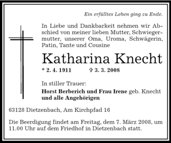 Todesanzeige von Katharina Knecht von OFFENBACH-POST/HANAU-POST