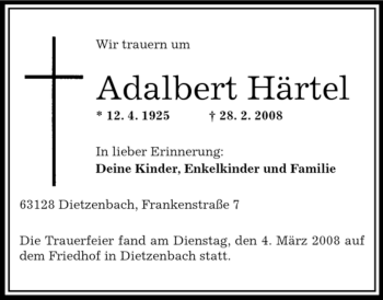 Todesanzeige von Adalbert Härtel von OFFENBACH-POST/HANAU-POST