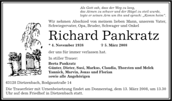 Todesanzeige von Richard Pankratz von OFFENBACH-POST/HANAU-POST