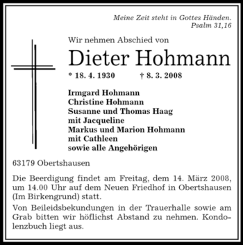 Todesanzeige von Dieter Hohmann von OFFENBACH-POST/HANAU-POST