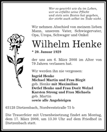 Todesanzeige von Wilhelm Henke von OFFENBACH-POST/HANAU-POST