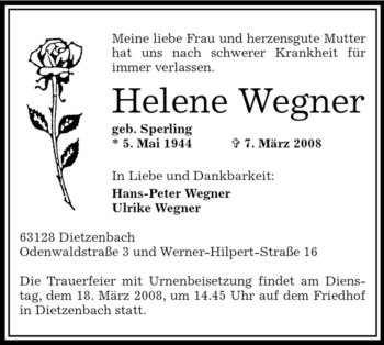 Todesanzeige von Helene Wegner von OFFENBACH-POST/HANAU-POST