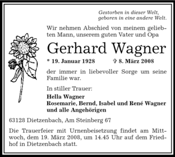 Todesanzeige von Gerhard Wagner von OFFENBACH-POST/HANAU-POST