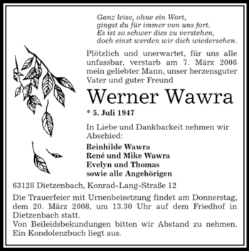 Todesanzeige von Werner Wawra von OFFENBACH-POST/HANAU-POST