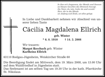 Todesanzeige von Cäcilia Magdalena Ellrich von OFFENBACH-POST/HANAU-POST