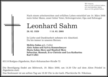 Todesanzeige von Leonhard Sahm von OFFENBACH-POST/HANAU-POST