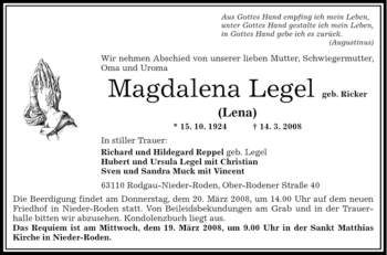 Todesanzeige von Magdalena Legel von OFFENBACH-POST/HANAU-POST