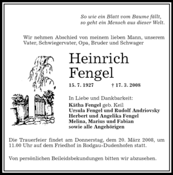 Todesanzeige von Heinrich Fengel von OFFENBACH-POST/HANAU-POST