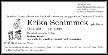 Todesanzeige von Erika Schimmek von OFFENBACH-POST/HANAU-POST
