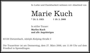 Todesanzeige von Marie Kuch von OFFENBACH-POST/HANAU-POST