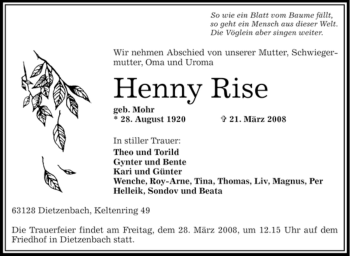 Todesanzeige von Henny Rise von OFFENBACH-POST/HANAU-POST