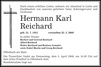 Todesanzeige von Hermann Karl Reichard von OFFENBACH-POST/HANAU-POST