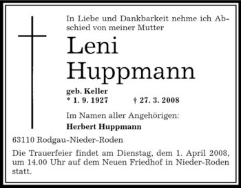Todesanzeige von Leni Huppmann von OFFENBACH-POST/HANAU-POST